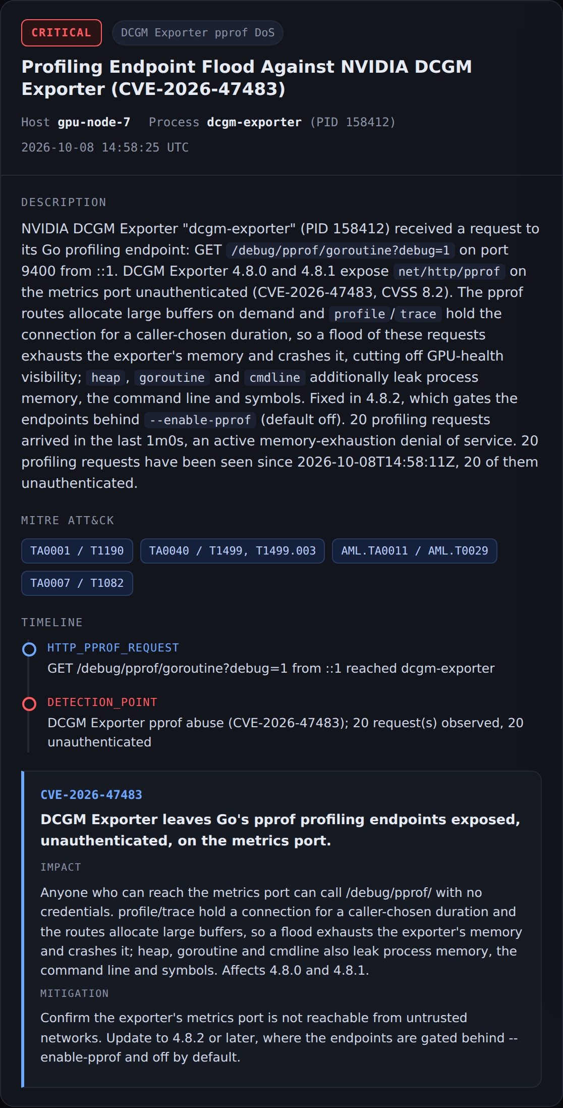 Stealthium critical alert: profiling endpoint flood against DCGM Exporter